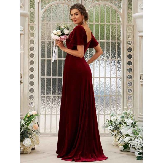 Charming Velvet Ruched V-neck Short Sleeves Bridesmaid Dresses