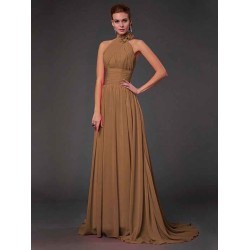 Charming Halter Sleeveless Hand-Made Flower Long Chiffon Bridesmaid Dresses