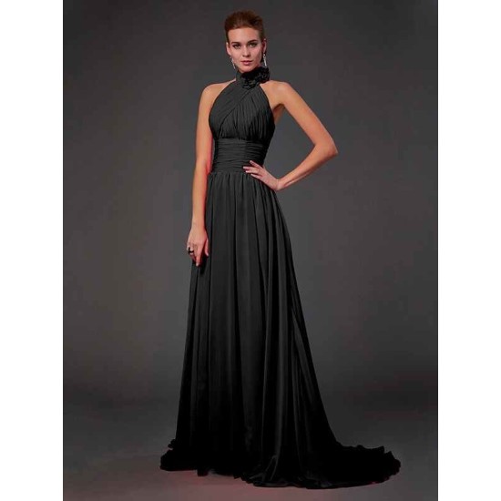 Charming Halter Sleeveless Hand-Made Flower Long Chiffon Bridesmaid Dresses