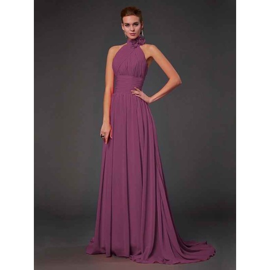 Charming Halter Sleeveless Hand-Made Flower Long Chiffon Bridesmaid Dresses