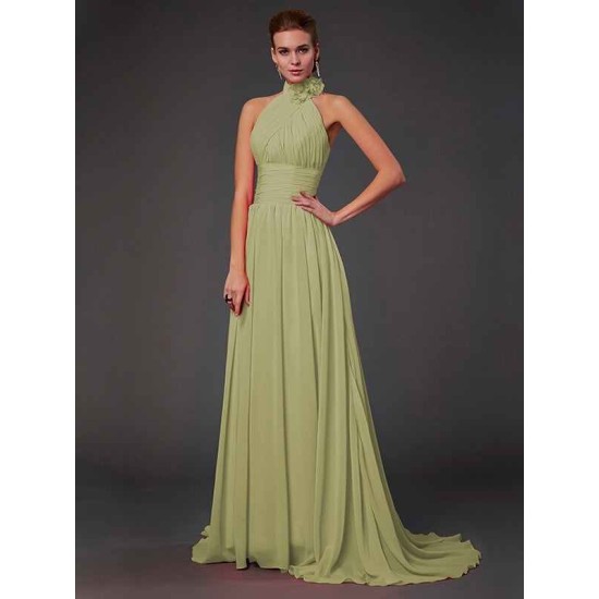 Charming Halter Sleeveless Hand-Made Flower Long Chiffon Bridesmaid Dresses