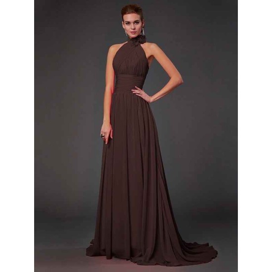 Charming Halter Sleeveless Hand-Made Flower Long Chiffon Bridesmaid Dresses