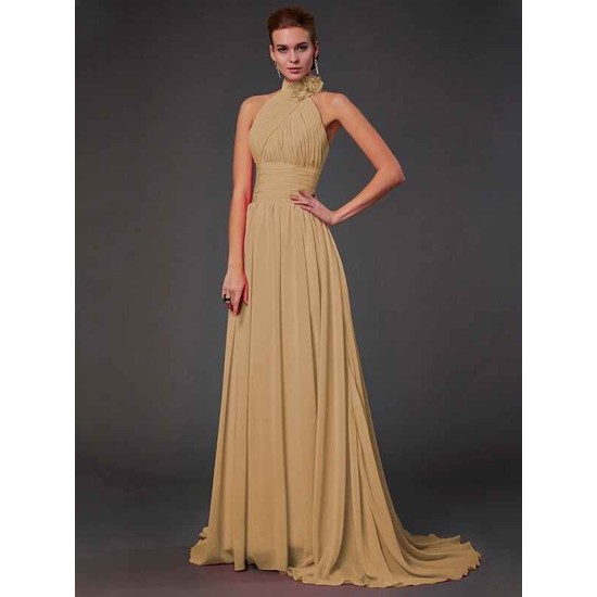 Charming Halter Sleeveless Hand-Made Flower Long Chiffon Bridesmaid Dresses