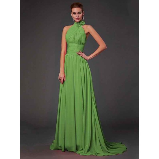 Charming Halter Sleeveless Hand-Made Flower Long Chiffon Bridesmaid Dresses