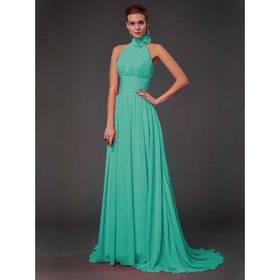 Charming Halter Sleeveless Hand-Made Flower Long Chiffon Bridesmaid Dresses