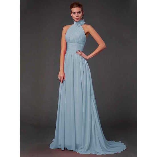 Charming Halter Sleeveless Hand-Made Flower Long Chiffon Bridesmaid Dresses