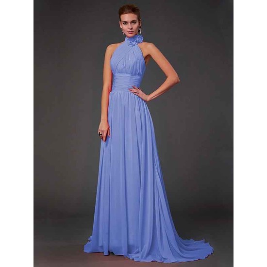 Charming Halter Sleeveless Hand-Made Flower Long Chiffon Bridesmaid Dresses