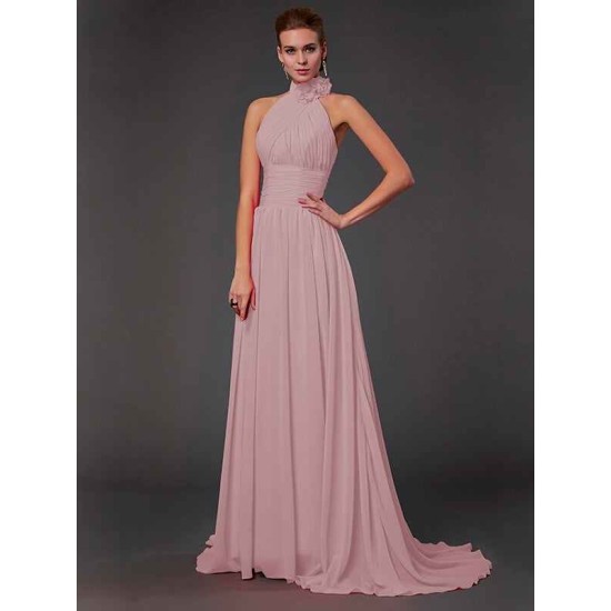 Charming Halter Sleeveless Hand-Made Flower Long Chiffon Bridesmaid Dresses