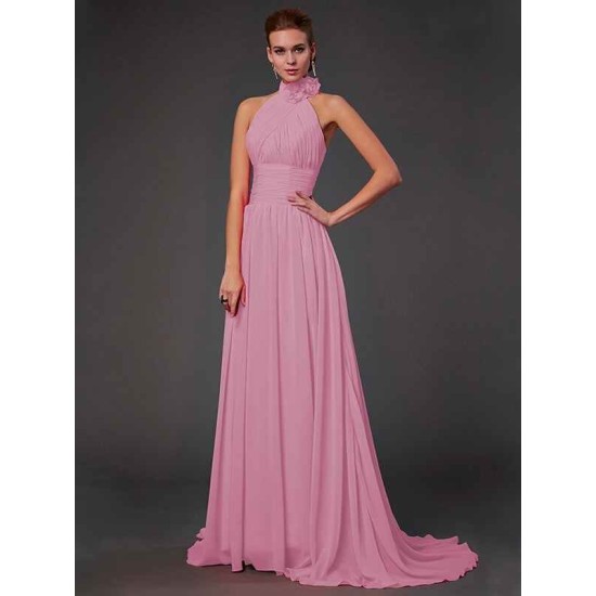 Charming Halter Sleeveless Hand-Made Flower Long Chiffon Bridesmaid Dresses