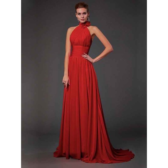 Charming Halter Sleeveless Hand-Made Flower Long Chiffon Bridesmaid Dresses