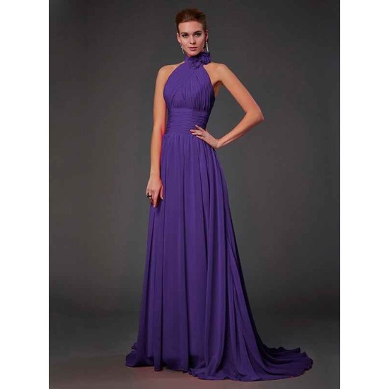 Charming Halter Sleeveless Hand-Made Flower Long Chiffon Bridesmaid Dresses