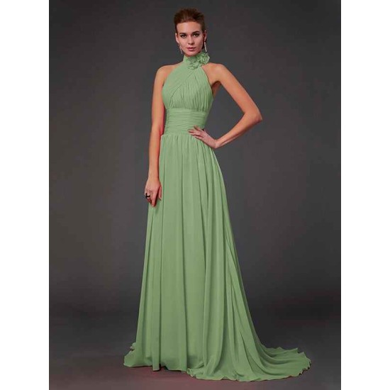 Charming Halter Sleeveless Hand-Made Flower Long Chiffon Bridesmaid Dresses