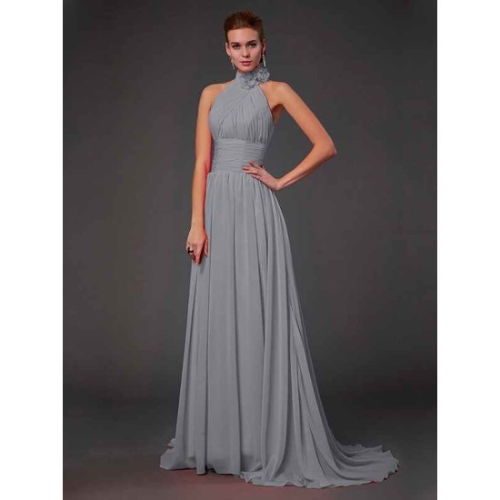 Charming Halter Sleeveless Hand-Made Flower Long Chiffon Bridesmaid Dresses