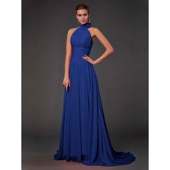 Charming Halter Sleeveless Hand-Made Flower Long Chiffon Bridesmaid Dresses