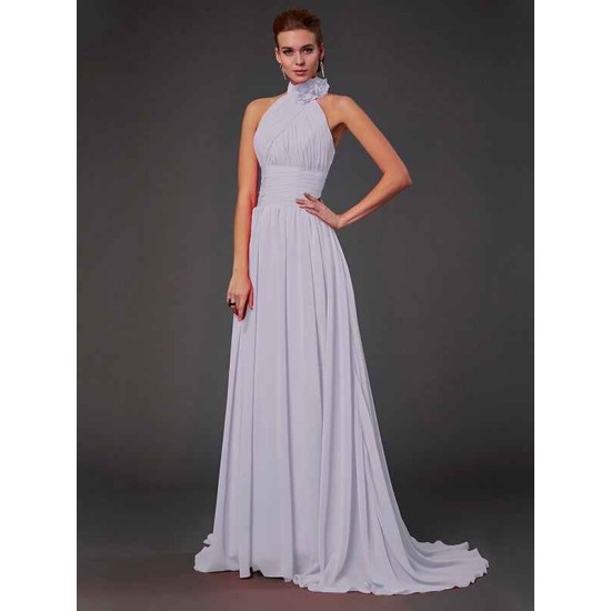 Charming Halter Sleeveless Hand-Made Flower Long Chiffon Bridesmaid Dresses