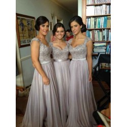 V-Neck Chiffon Lace Sequins Beads Cap Sleeves Bridesmaid Dress
