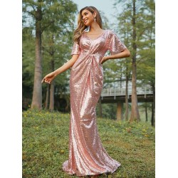 Classy V-Neck Sequins Short Sleeves Bridesmaid Dresses