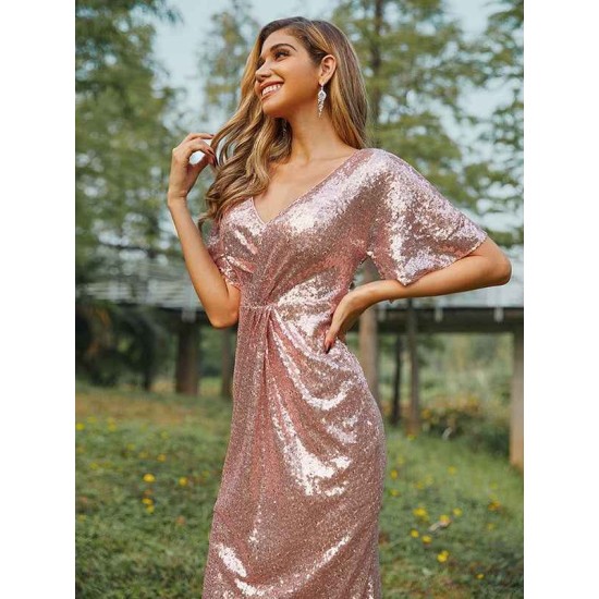 Classy V-Neck Sequins Short Sleeves Bridesmaid Dresses