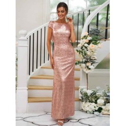 Modern Ruched Sequins Scoop Short Sleeves Bridesmaid Dresses