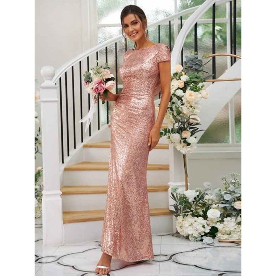 Modern Ruched Sequins Scoop Short Sleeves Bridesmaid Dresses