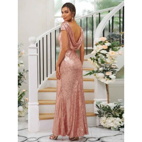 Modern Ruched Sequins Scoop Short Sleeves Bridesmaid Dresses