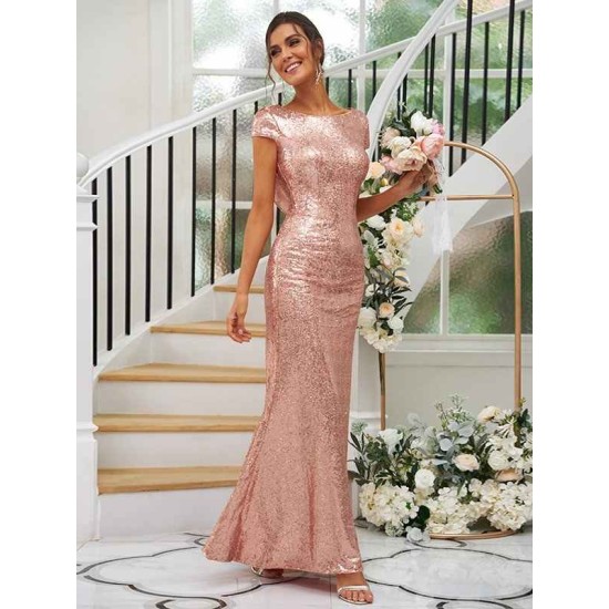 Modern Ruched Sequins Scoop Short Sleeves Bridesmaid Dresses