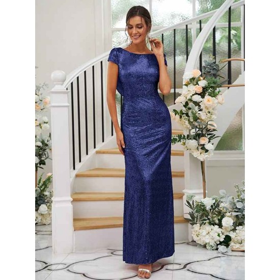 Modern Ruched Sequins Scoop Short Sleeves Bridesmaid Dresses