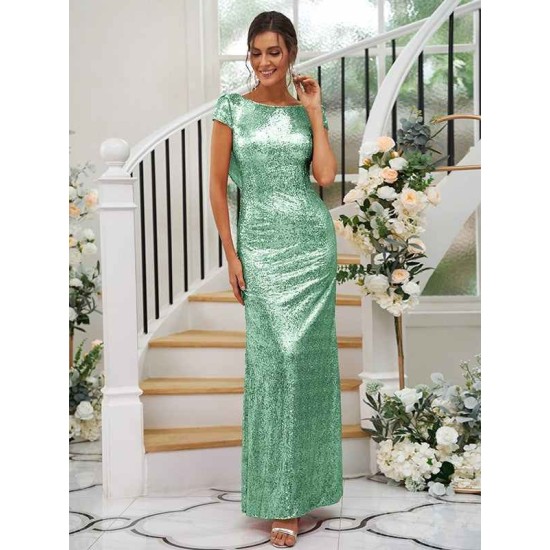 Modern Ruched Sequins Scoop Short Sleeves Bridesmaid Dresses