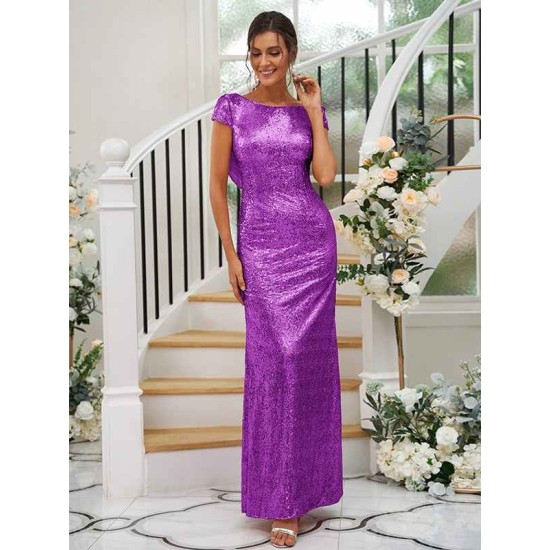 Modern Ruched Sequins Scoop Short Sleeves Bridesmaid Dresses