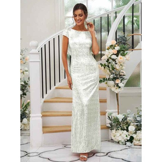 Modern Ruched Sequins Scoop Short Sleeves Bridesmaid Dresses
