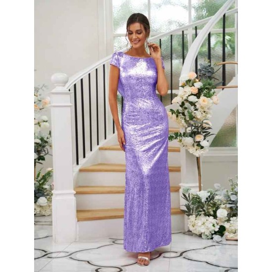 Modern Ruched Sequins Scoop Short Sleeves Bridesmaid Dresses
