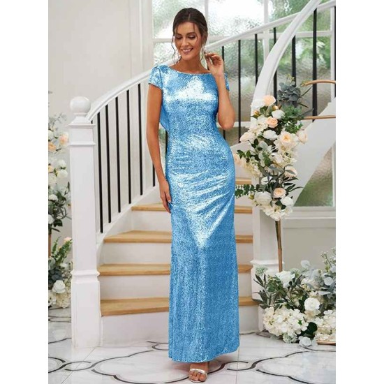 Modern Ruched Sequins Scoop Short Sleeves Bridesmaid Dresses