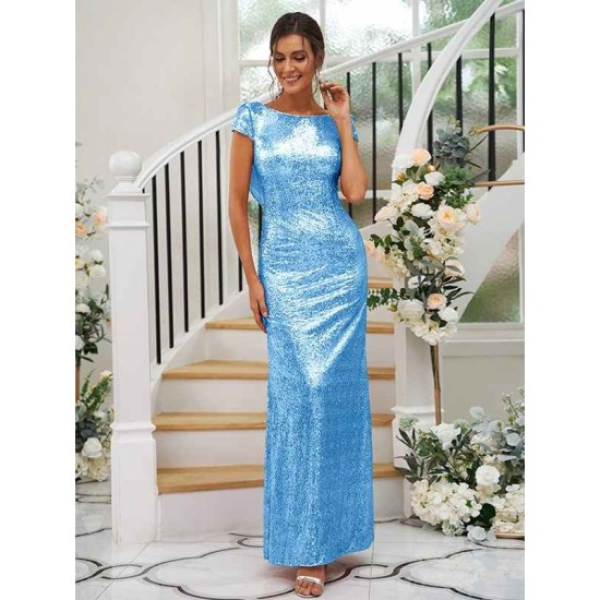 Modern Ruched Sequins Scoop Short Sleeves Bridesmaid Dresses