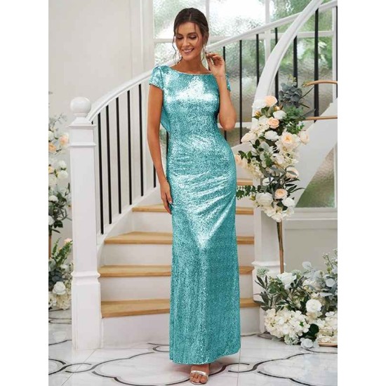 Modern Ruched Sequins Scoop Short Sleeves Bridesmaid Dresses