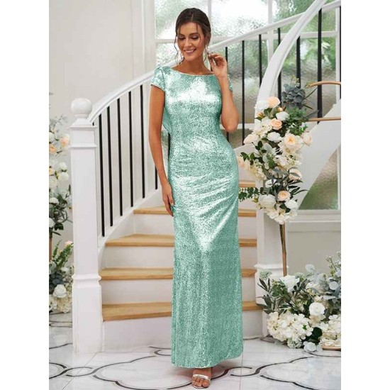 Modern Ruched Sequins Scoop Short Sleeves Bridesmaid Dresses