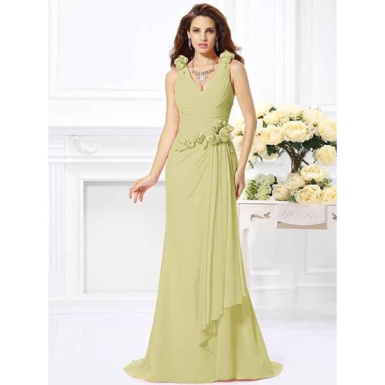 Mermaid Gorgeous V-neck Hand-Made Flower Sleeveless Long Chiffon Bridesmaid Dresses