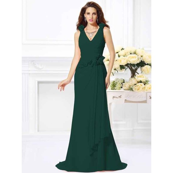 Mermaid Gorgeous V-neck Hand-Made Flower Sleeveless Long Chiffon Bridesmaid Dresses