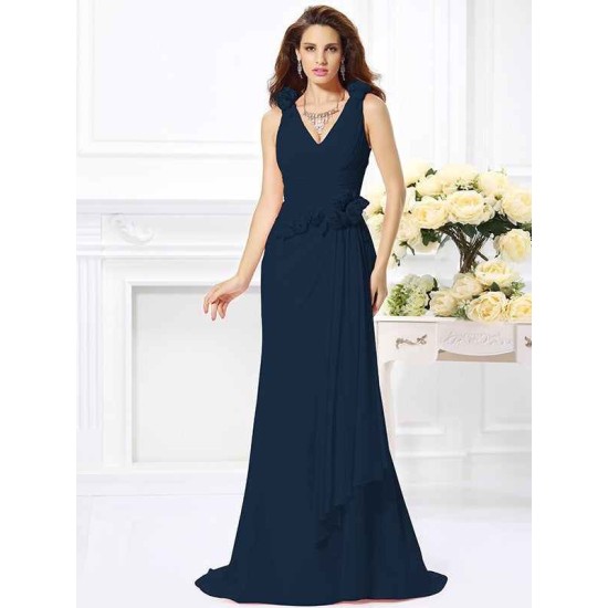 Mermaid Gorgeous V-neck Hand-Made Flower Sleeveless Long Chiffon Bridesmaid Dresses