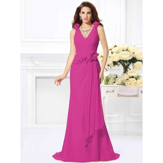 Mermaid Gorgeous V-neck Hand-Made Flower Sleeveless Long Chiffon Bridesmaid Dresses