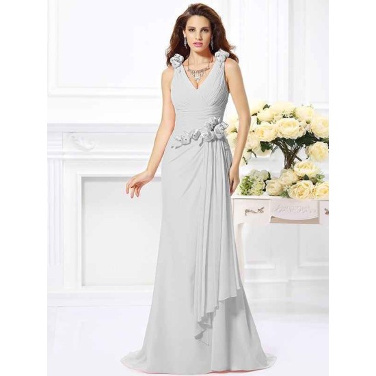Mermaid Gorgeous V-neck Hand-Made Flower Sleeveless Long Chiffon Bridesmaid Dresses