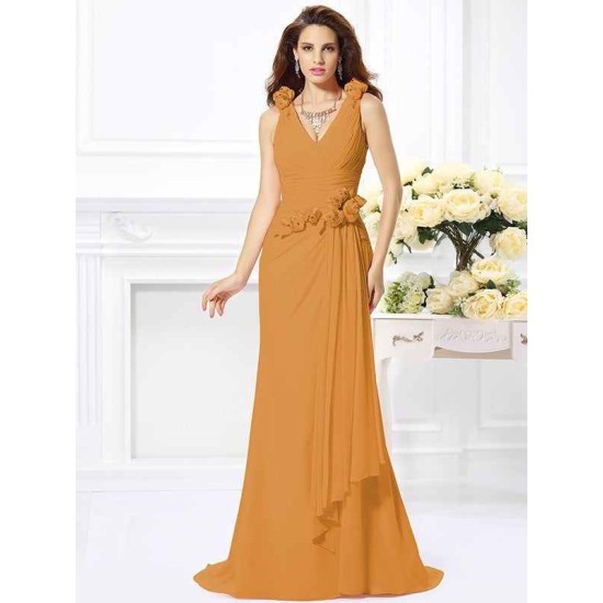 Mermaid Gorgeous V-neck Hand-Made Flower Sleeveless Long Chiffon Bridesmaid Dresses