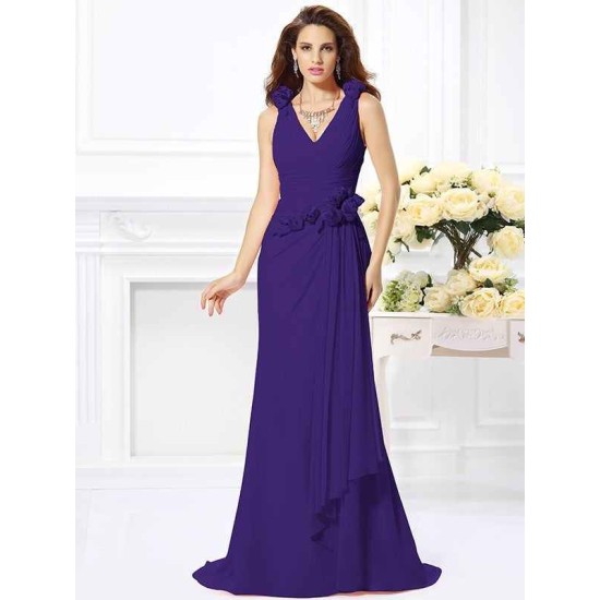 Mermaid Gorgeous V-neck Hand-Made Flower Sleeveless Long Chiffon Bridesmaid Dresses