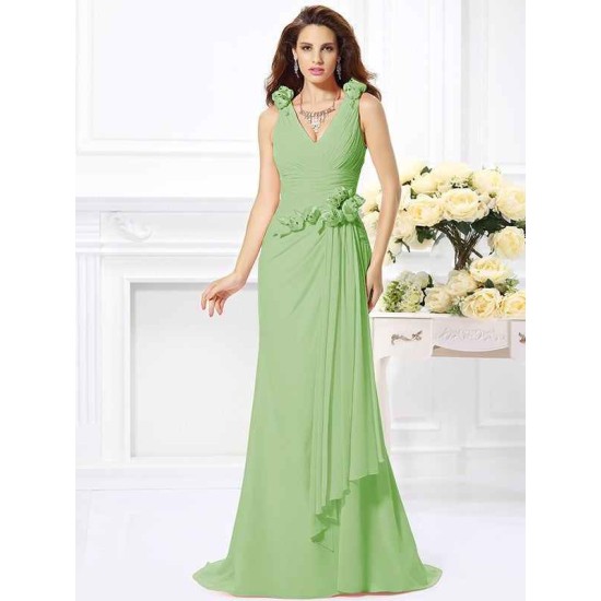 Mermaid Gorgeous V-neck Hand-Made Flower Sleeveless Long Chiffon Bridesmaid Dresses