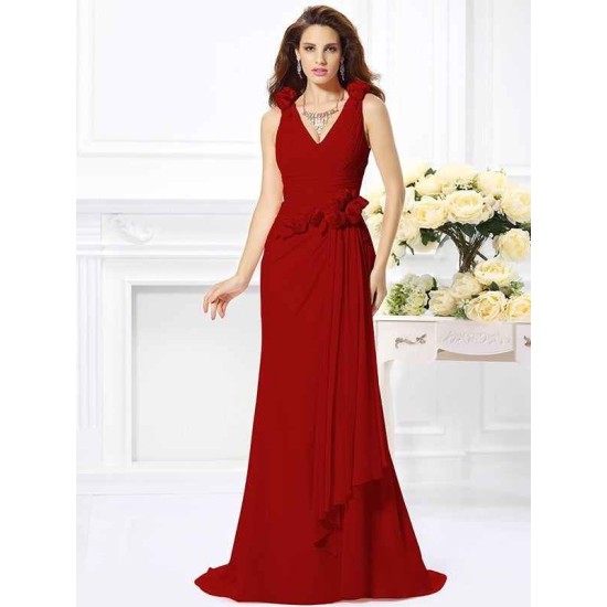 Mermaid Gorgeous V-neck Hand-Made Flower Sleeveless Long Chiffon Bridesmaid Dresses