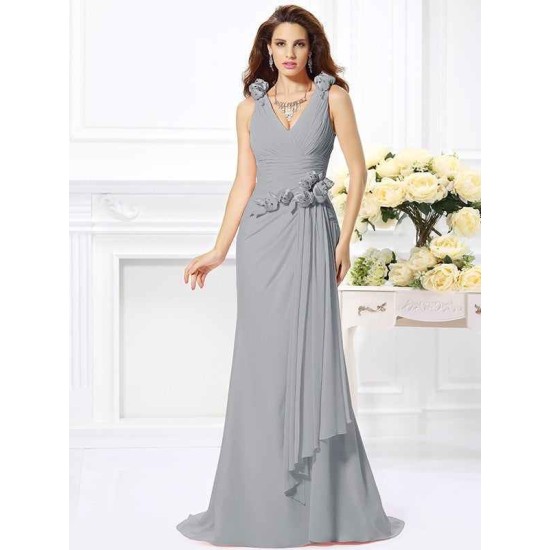 Mermaid Gorgeous V-neck Hand-Made Flower Sleeveless Long Chiffon Bridesmaid Dresses