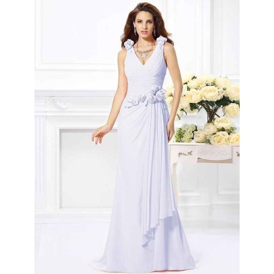 Mermaid Gorgeous V-neck Hand-Made Flower Sleeveless Long Chiffon Bridesmaid Dresses