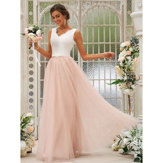 Beautiful V-Neck Tulle Lace Sleeveless Bridesmaid Dresses