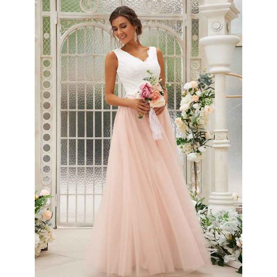 Beautiful V-Neck Tulle Lace Sleeveless Bridesmaid Dresses