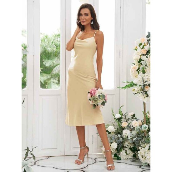 Beautiful Ruched Spaghetti Straps Sleeveless Tea-Length Bridesmaid Dresses