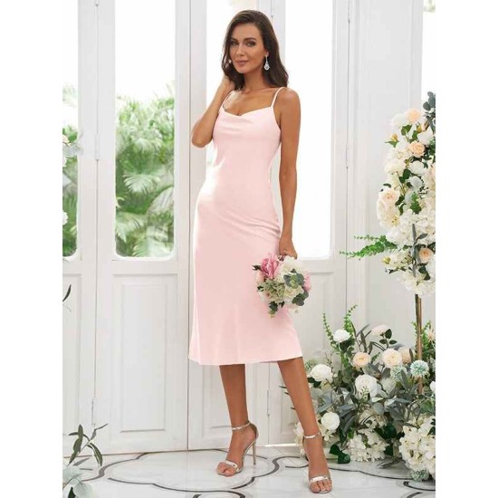 Beautiful Ruched Spaghetti Straps Sleeveless Tea-Length Bridesmaid Dresses